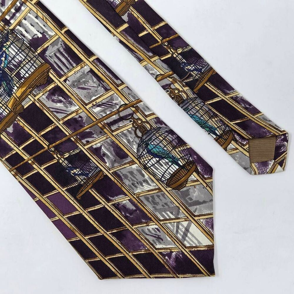 PERRY ELLIS HAND MADE SILK TIE PURPLE GEOMETRIC BIRD CAGE VINTAGE 4" X 57"